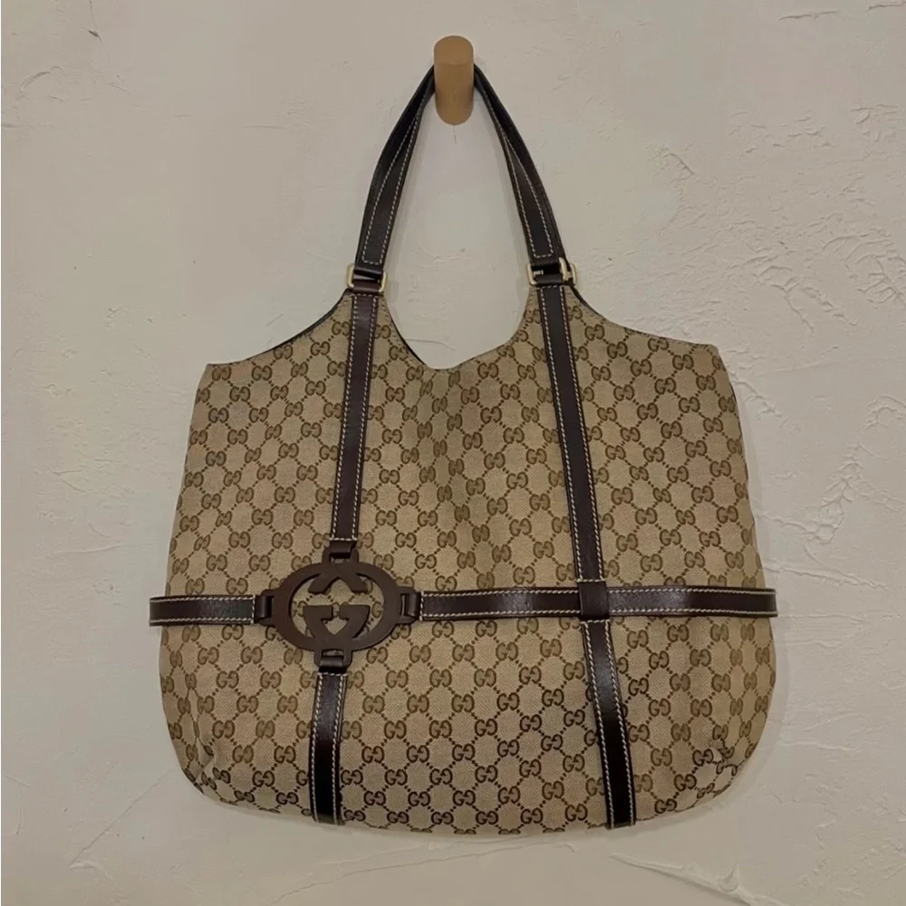 Gucci Royal Canvas Leather Hobo Tote Bag Dark Brown Monogram Timeless Designer - Picture 4 of 16